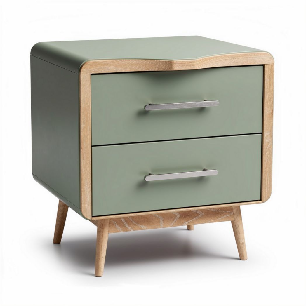Modern bedside table with green finish oak legs two drawers 50 x 40 x 40cm