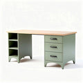Green wooden desk with natural wood top and storage drawers 150 x 70 x 75cm