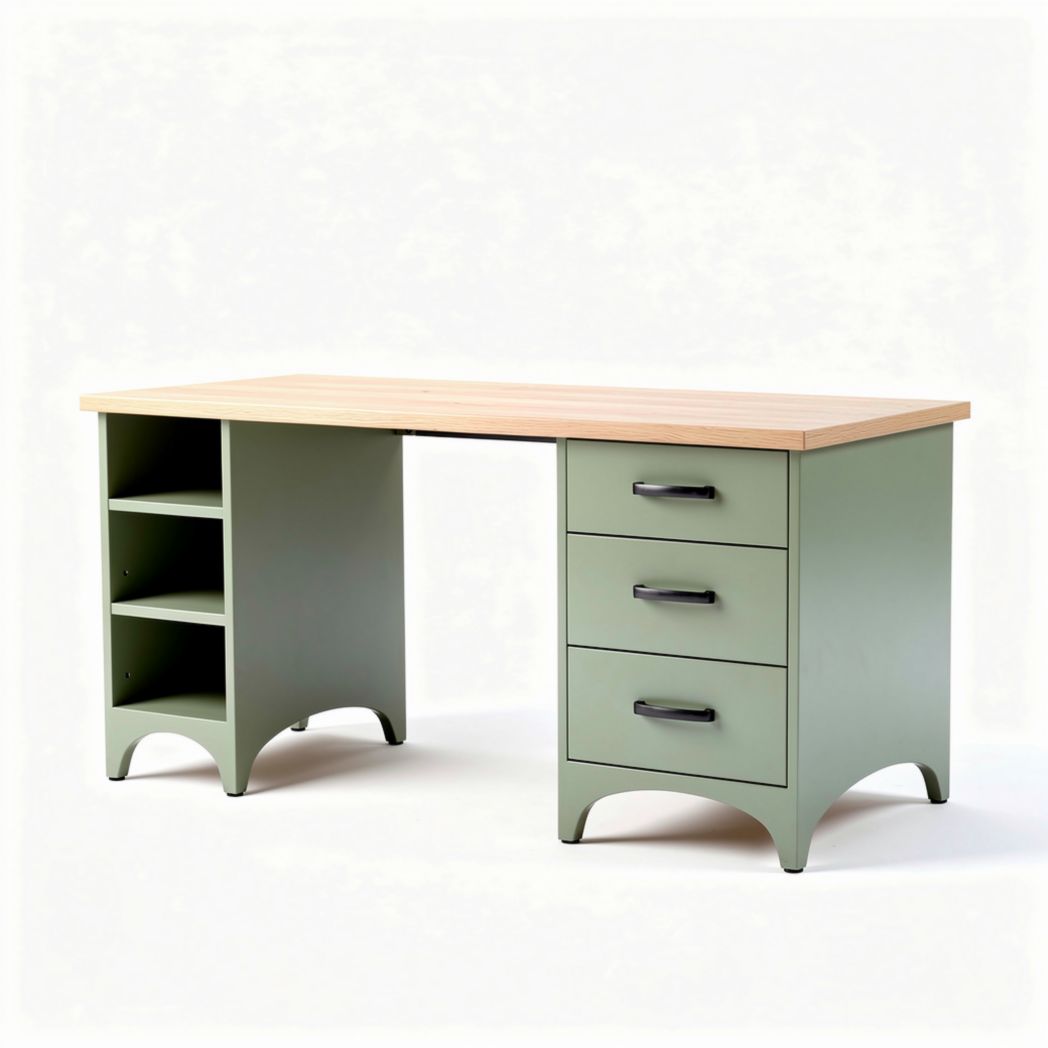 Green wooden desk with natural wood top and storage drawers 150 x 70 x 75cm