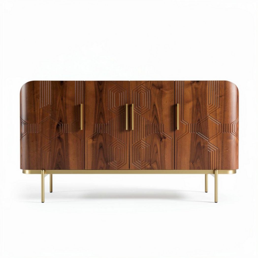Geometric pattern wooden sideboard with gold accents and storage cabinets