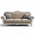 Traditional beige fabric sofa with decorative wood accents and throw pillows