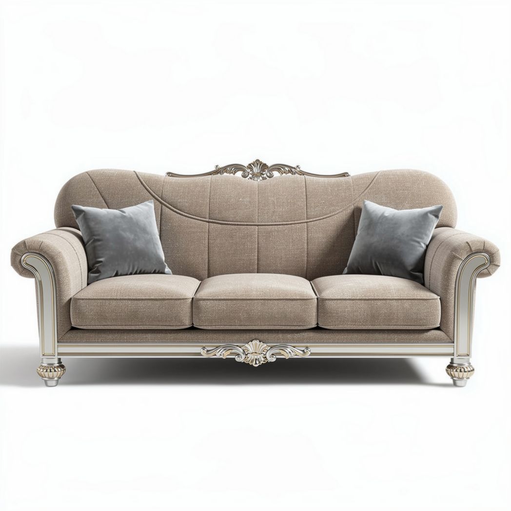 Traditional beige fabric sofa with decorative wood accents and throw pillows