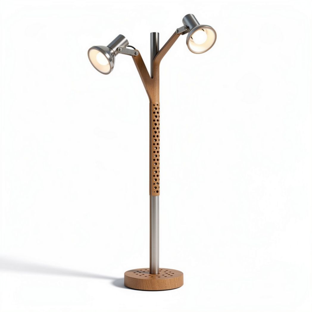 Wooden floor lamp with adjustable metal shades and base 50 x 50 x 150cm