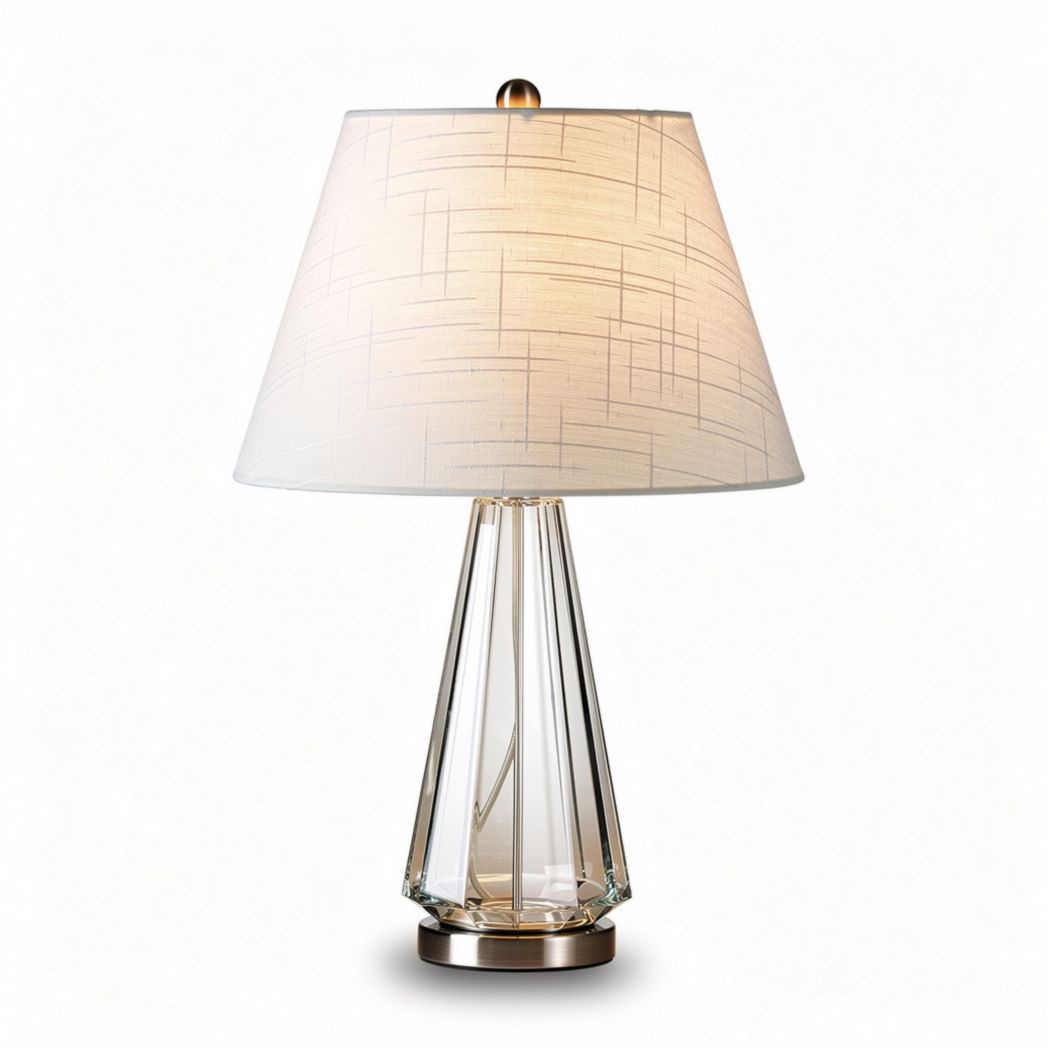 Glass table lamp with fabric shade and modern geometric design 30 x 30 x 55cm