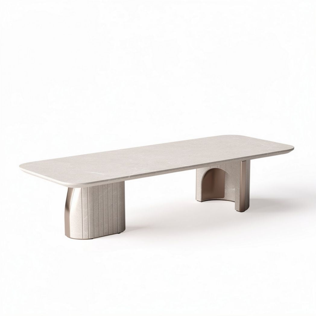 Rectangular coffee table in beige stone finish with dimensions 200 x 100 x 75cm