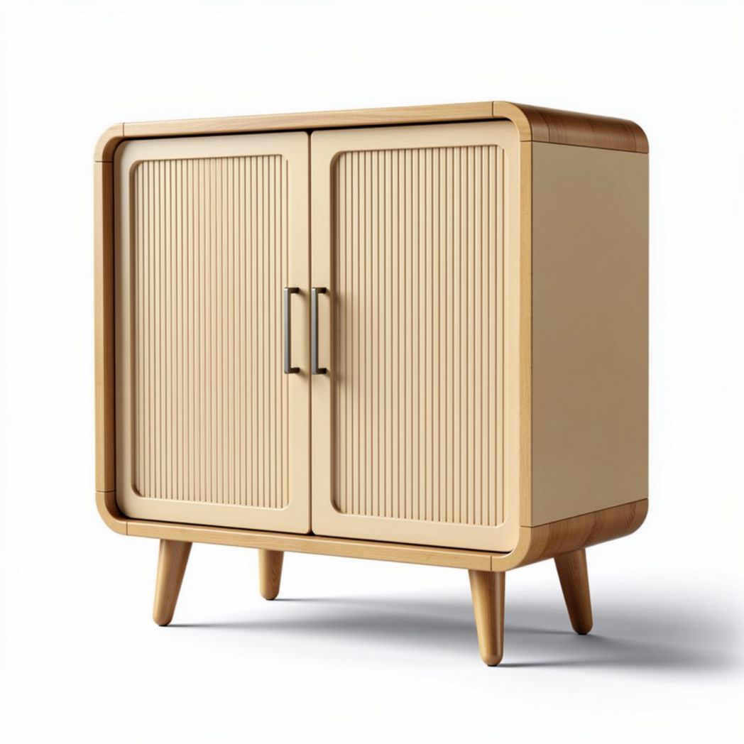 Wooden cabinet with ribbed doors and tapered legs 60 x 40 x 85cm beige