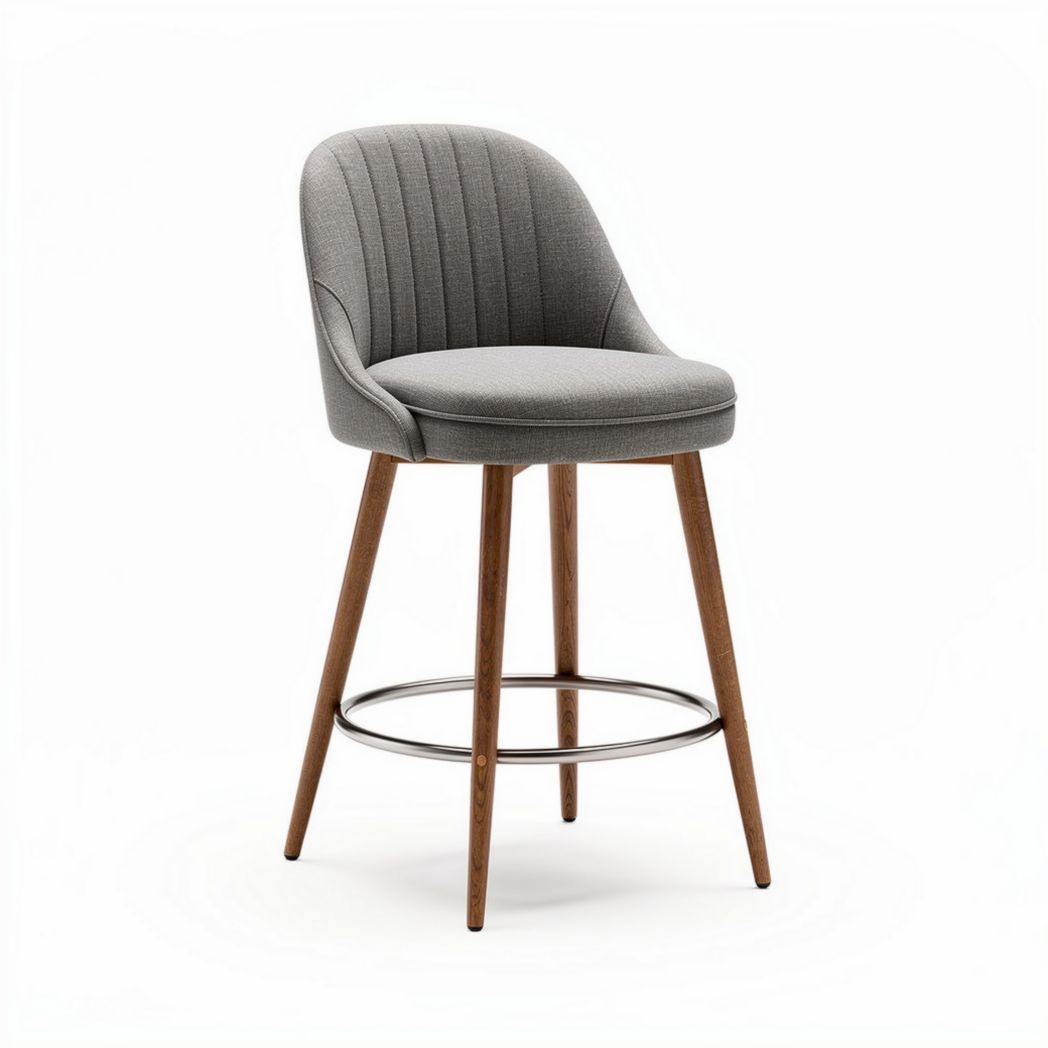 Gray upholstered bar stool with wooden legs and metal footrest 45 x 45 x 100cm