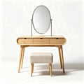 Wooden vanity table with round mirror and cushioned stool 80 x 40 x 75cm