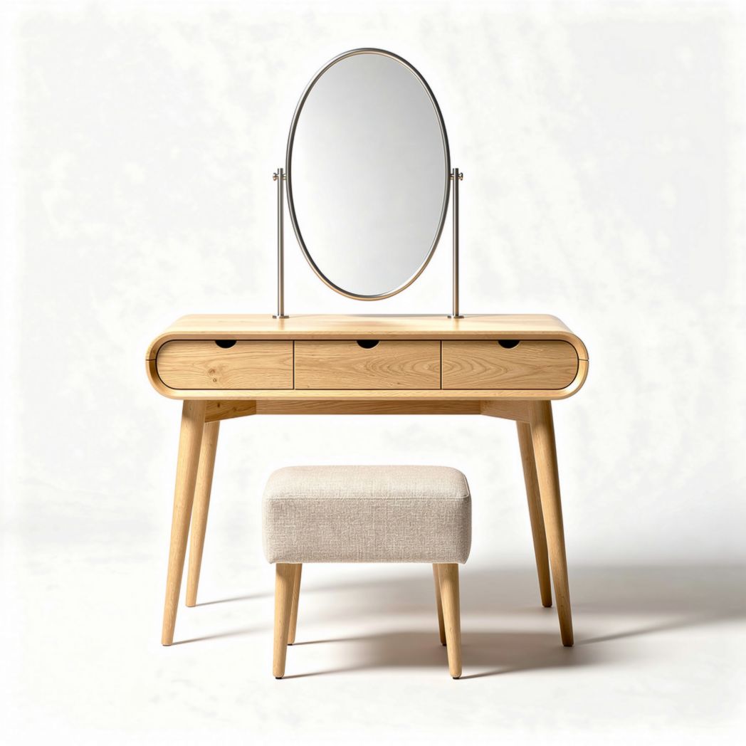 Wooden vanity table with round mirror and cushioned stool 80 x 40 x 75cm