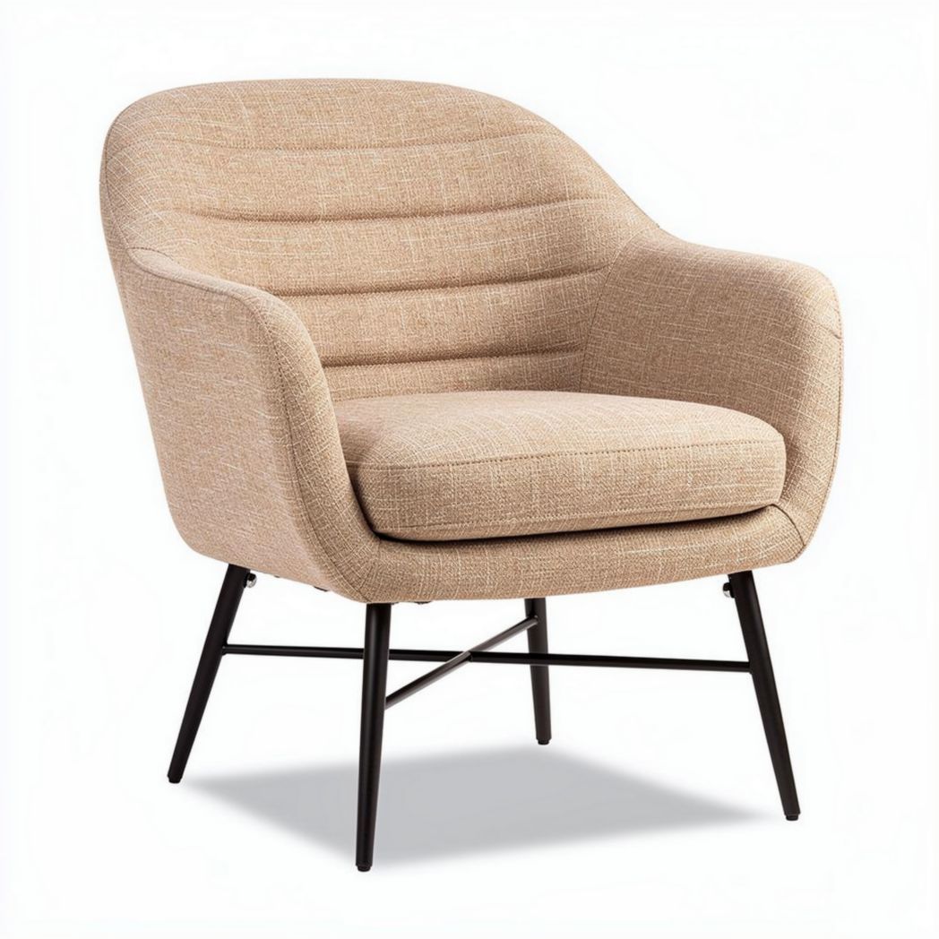 Fabric accent chair with black metal legs and curved design 70 x 70 x 75cm