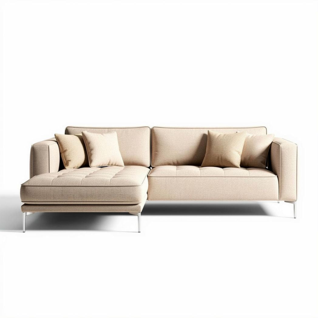 Beige fabric sectional sofa with chrome legs 218 x 94 x 85cm